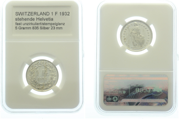 Preview: Schweiz 1 Franken 1932 B - fast unzirkuliert/stempelglanz Preview: Schweiz 1 Franken 1932 B - fast unzirkuliert/stempelglanz